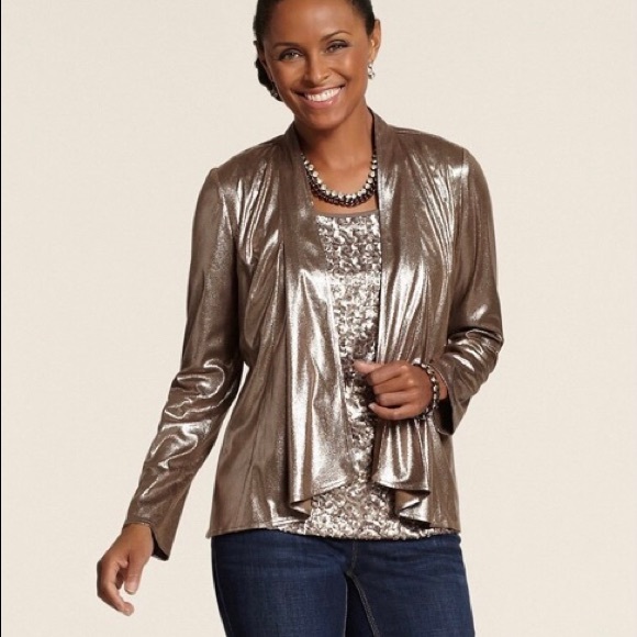 Chico’s Size 1 (Medium) Bronzed Metallic Jamie Jacket $129 Open Front, Unlined - Picture 8 of 10